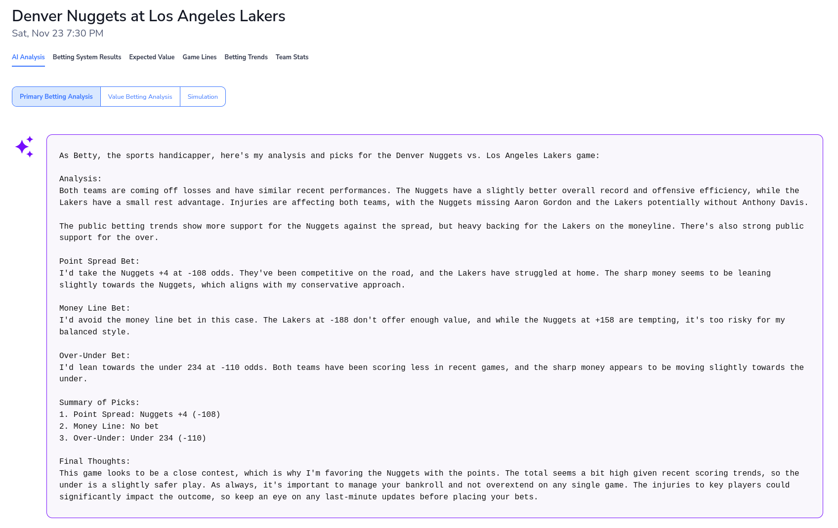 A screenshot of Cappers' NBA game AI analysis