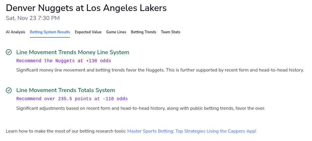 A screenshot of a Cappers NBA betting system result