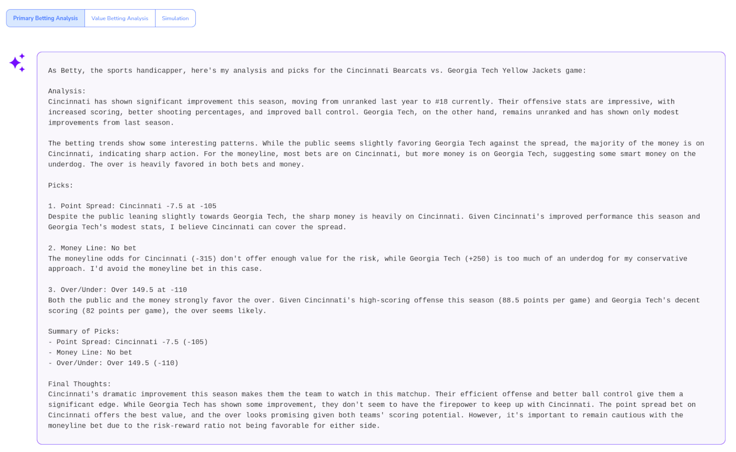 A screenshot of Cappers' men's college basketball AI game analysis