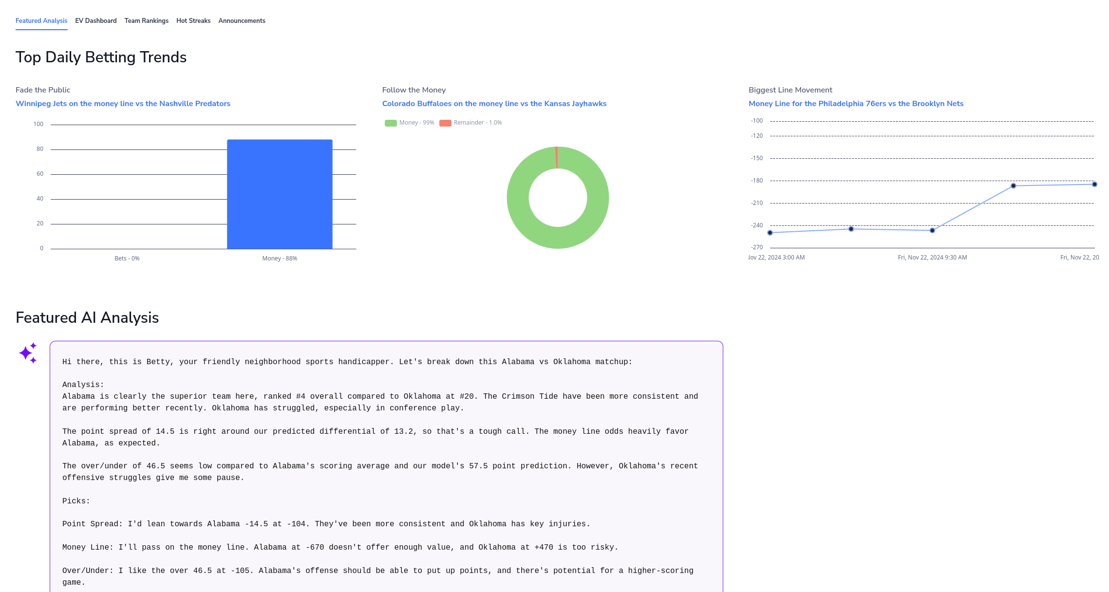 A screenshot from the Cappers App expected value dashboards for a Major League Baseball game and MMA fights