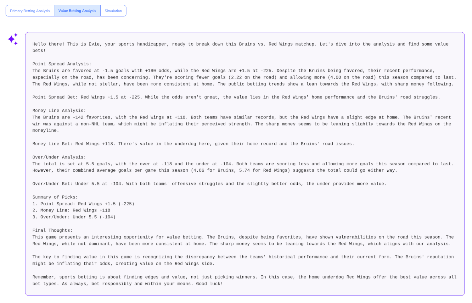 A screenshot of Cappers' NHL game AI analysis