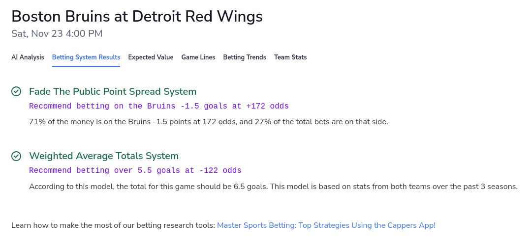 A screenshot of a Cappers NHL betting system result